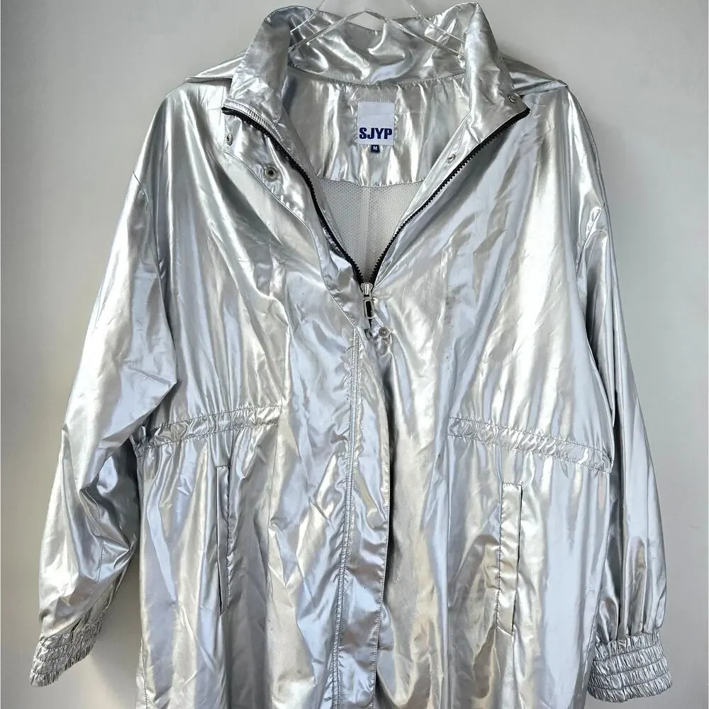 SJYP Silver Long Metallic Raincoat Hooded Womens Size Medium Korean Brand Edgy